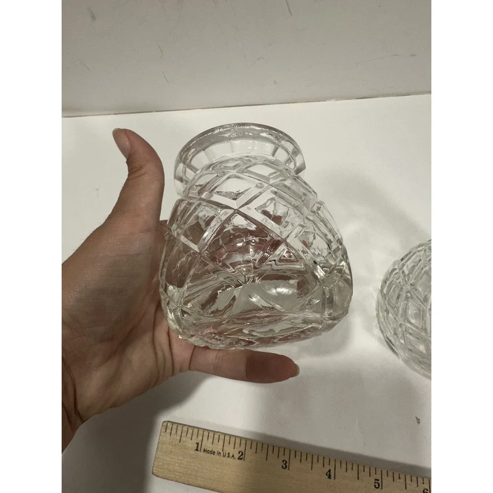 Set of 2 Pineapple‎ Cut Glass Sphere Vase Votive Candle Holder 3.6